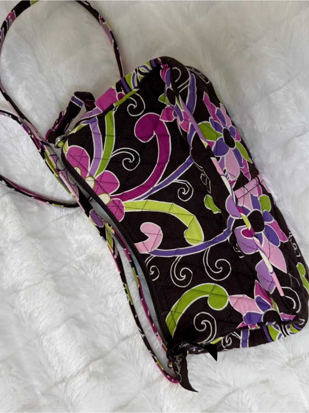 Vera Bradley Black Crossbody with Pink, Purple & Lime Floral Swirls